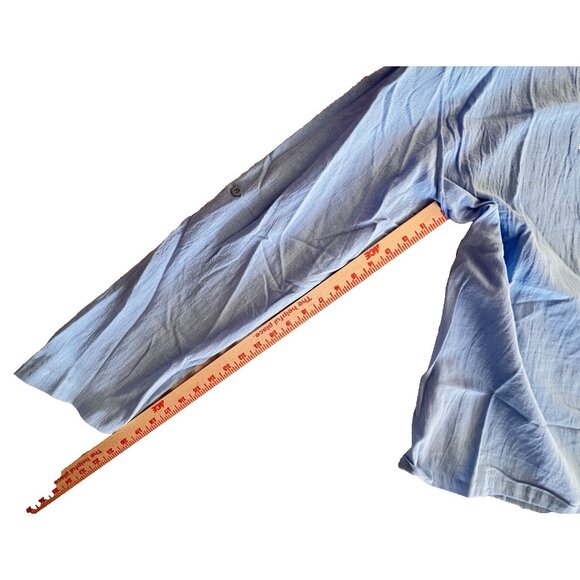 Henley Shirt Women's Sz L Gauze Popover Top Linen Cotton Adjustable Sleeve Blue - Picture 5 of 10